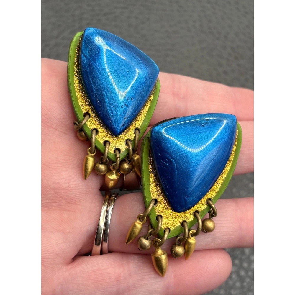 Vintage 80s Runway Blue Enameled Resin Abstract Chunky Pop Art Clip On Earrings